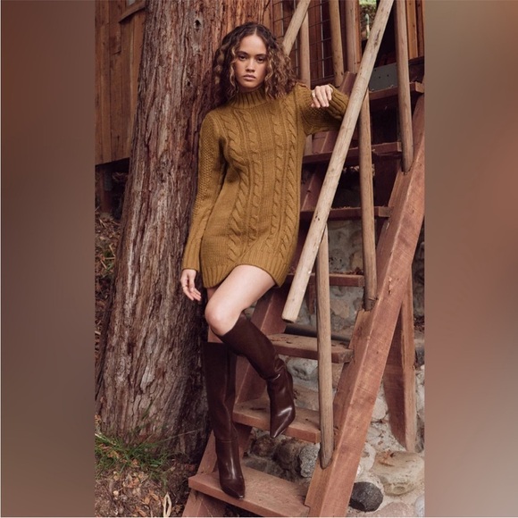 Z Supply camel brown tan cableknit sweater dress bodycon mini dress longsleeve - Picture 2 of 3